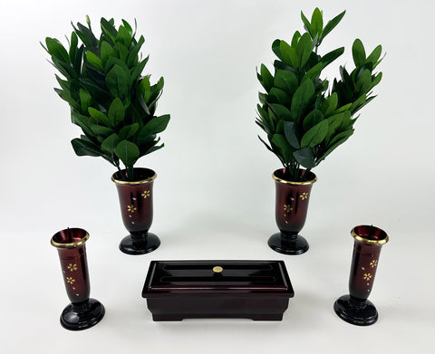 5 Piece Cherry / Burgandy Colored (Metal) Butsugu Set with Sakura / Cherry Blossoms (Display Model)