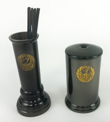 4.3" Tall Dark Metal Incense Keeper & 3.5" Tall Match Disposal with Crane Logo Set (Display Model)