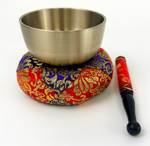 No. 2.8 (3.5" Diameter) Purple & Red Cushion Bell Set with Japanese Print Bell Stick