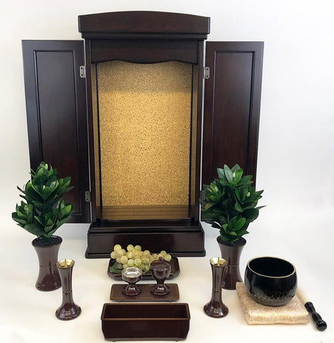 20 Walnut Butsudan with LED Light and Drawer with Butsugu and Bell Set